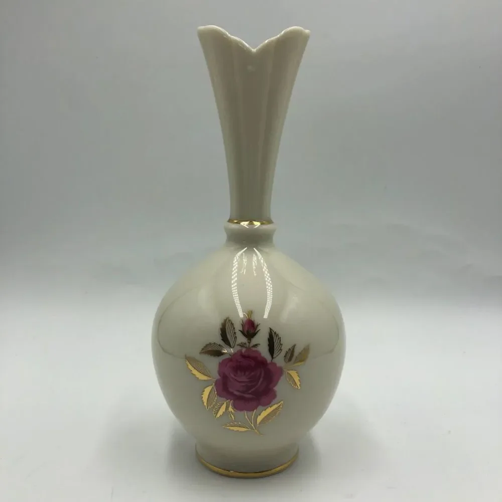 Vintage Lenox Porcelain Bud Vase Tabletop Decor Gold Tone Trim Floral De…